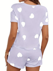 Heart Pattern Pajamas Set Short Sleeve Top & Shorts PJ Set Women
