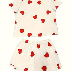 Heart Pattern Pajamas Set Short Sleeve Top & Shorts PJ Set Women