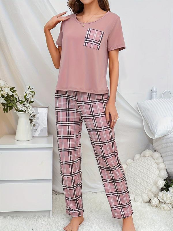 Plaid Print Pajama Set Short Sleeve Top & Lounge Pants Women's Sleepwear
