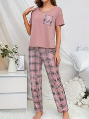 Plaid Print Pajama Set Short Sleeve Top & Lounge Pants Women's Sleepwear