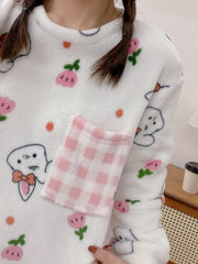 Floral Print Pajama Set Long Sleeve Crew Neck & Plaid Pants