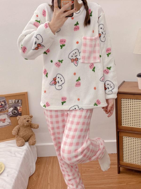 Floral Print Pajama Set Long Sleeve Crew Neck & Plaid Pants