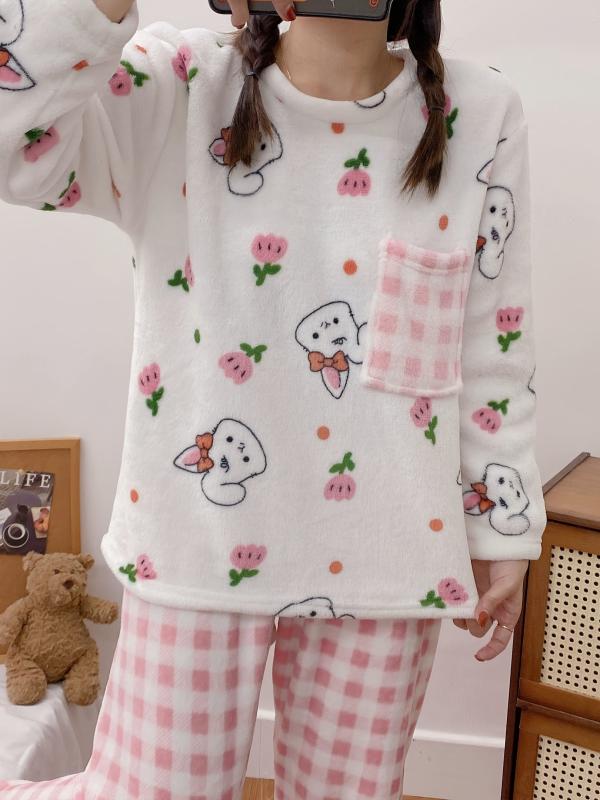 Floral Print Pajama Set Long Sleeve Crew Neck & Plaid Pants