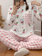 Floral Print Pajama Set Long Sleeve Crew Neck & Plaid Pants