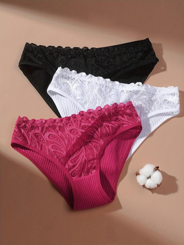 3pcs Lace Bikini Panties Comfy Ribbed Intimates Women's Lingerie