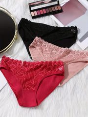 3pcs Lace Bikini Panties Comfy Ribbed Intimates Women's Lingerie