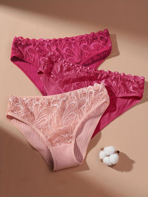 3pcs Lace Bikini Panties Comfy Ribbed Intimates Women's Lingerie