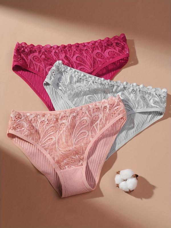3pcs Lace Bikini Panties Comfy Ribbed Intimates Women's Lingerie