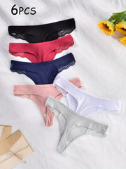 6pcs Lace Ribbed Thongs Soft Comfy Intimates Panties Women's Lingerie
