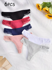 6pcs Lace Ribbed Thongs Soft Comfy Intimates Panties Women's Lingerie