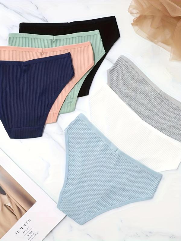 7pcs Mixed Ribbed Thongs Comfy & Breathable Intimates Panties