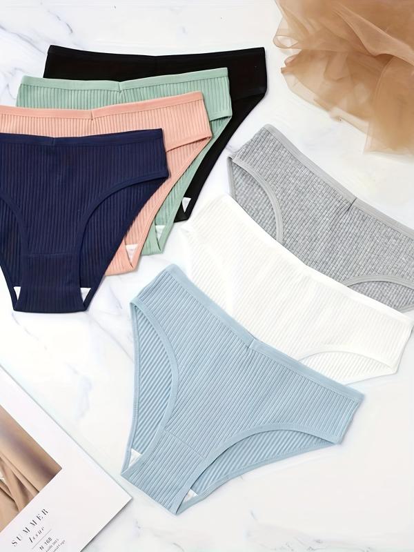 7pcs Mixed Ribbed Thongs Comfy & Breathable Intimates Panties
