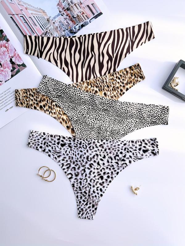 4pcs Leopard Print Thongs Sexy Low Waist Panties Women's Lingerie