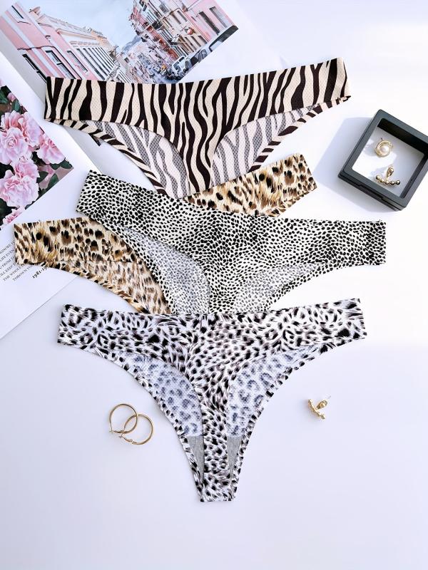 4pcs Leopard Print Thongs Sexy Low Waist Panties Women's Lingerie