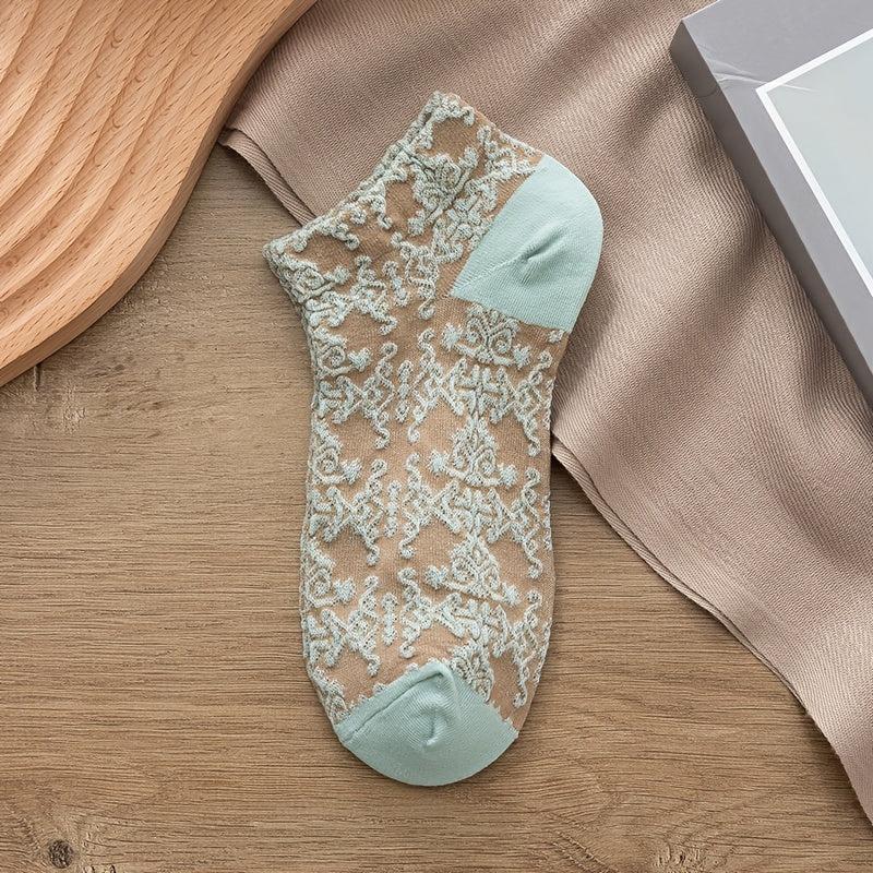 5 Pairs Vintage Low Cut Ankle Socks Japanese Style Flower Geometric 3D Textured