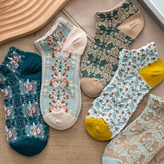 5 Pairs Vintage Low Cut Ankle Socks Japanese Style Flower Geometric 3D Textured