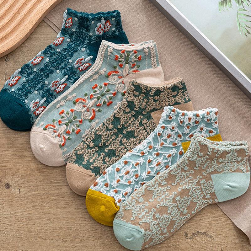 5 Pairs Vintage Low Cut Ankle Socks Japanese Style Flower Geometric 3D Textured