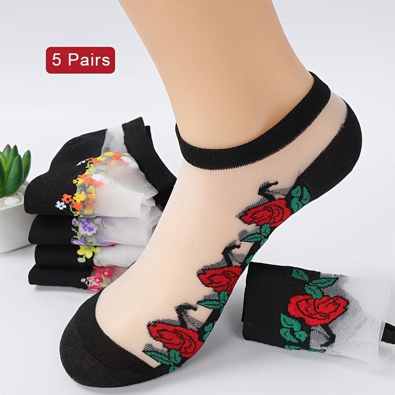 5 Pairs Floral Print Mesh Socks Lace No Show Women's Stockings
