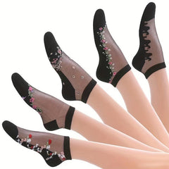 5 Pairs Floral Print Mesh Socks Lace No Show Women's Stockings