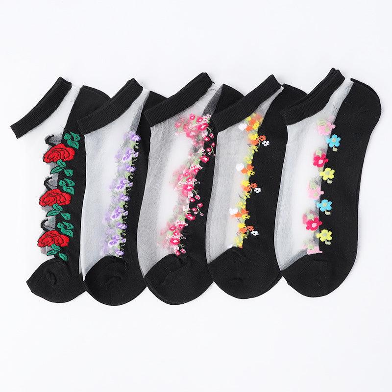 5 Pairs Floral Print Mesh Socks Lace No Show Women's Stockings