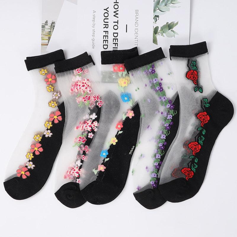 5 Pairs Mesh Floral Print Mid Tube Socks for Women