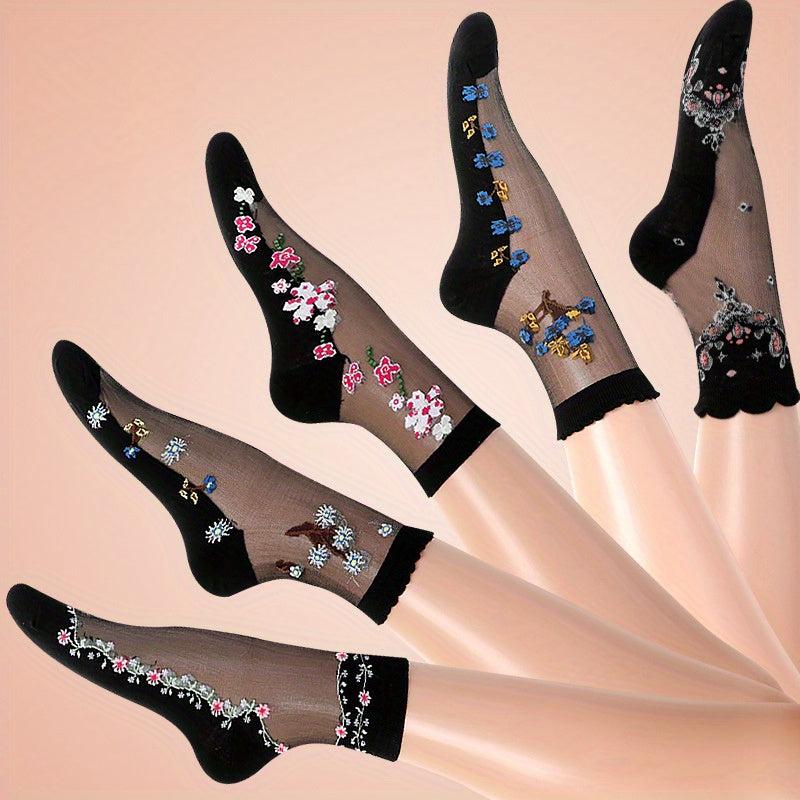 5 Pairs Mesh Floral Print Mid Tube Socks for Women