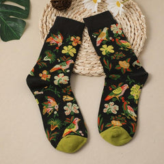 Floral Print Socks Retro Style Soft & Comfy Mid Tube Socks Women's Stockings