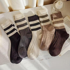 5 Pairs Women's Crew Socks Striped Collage Style Pack