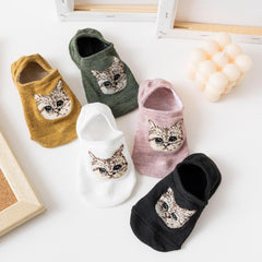 5 Pairs Cat Pattern Socks Low Cut Ankle Stockings