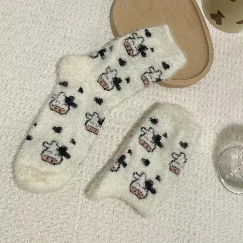 Cow Spots Print Socks Thickened Warm Coral Fleece Stockings