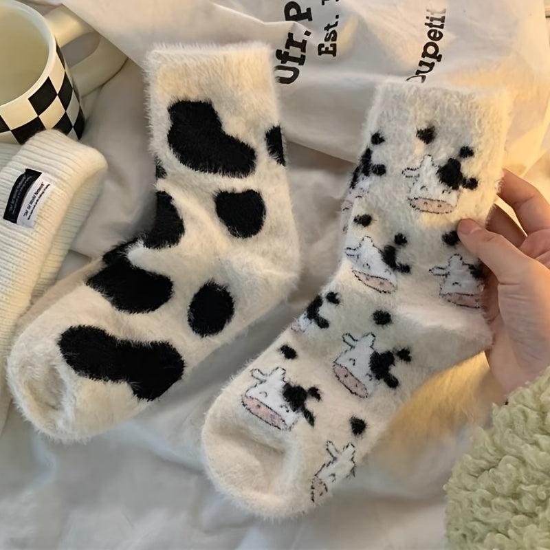 Cow Spots Print Socks Thickened Warm Coral Fleece Stockings