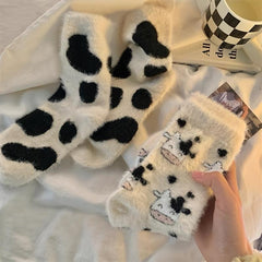 Cow Spots Print Socks Thickened Warm Coral Fleece Stockings