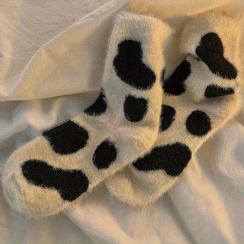 Cow Spots Print Socks Thickened Warm Coral Fleece Stockings