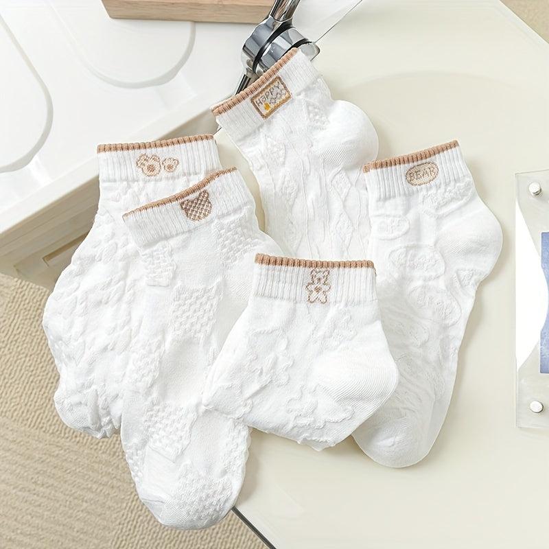 5 Pairs 3D Textured Short Socks & Comfy Embroidery Crew Socks Women's Stockings