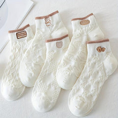 5 Pairs 3D Textured Short Socks & Comfy Embroidery Crew Socks Women's Stockings