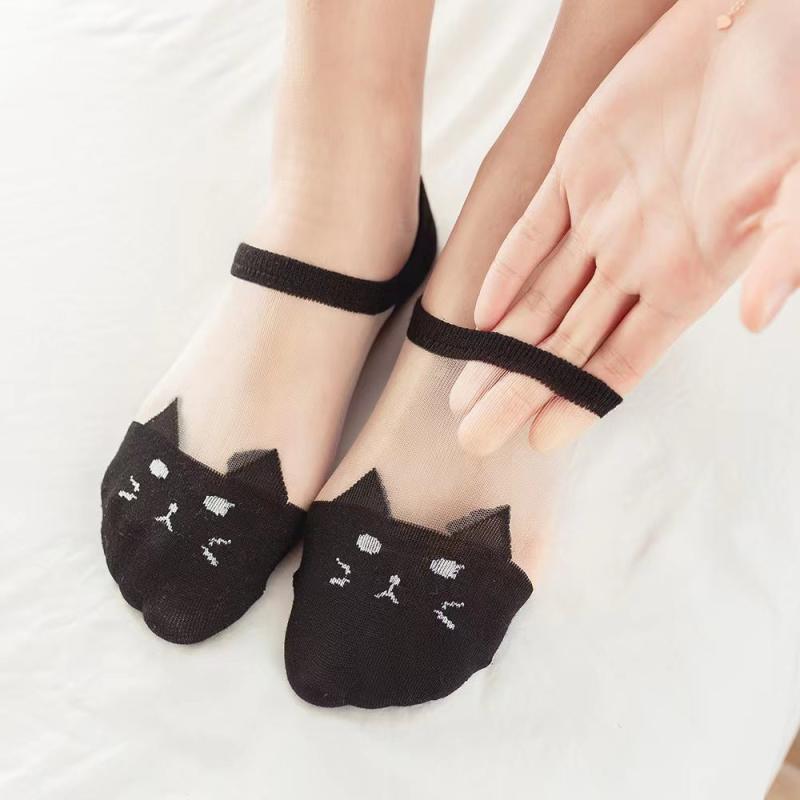 Cartoon Cat Head Sheer Crew Socks Women's Stockings
