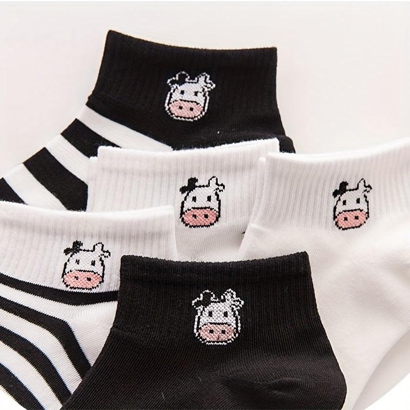 5 Pairs Cow Print Socks Comfy & Breathable Ankle Socks Women's Stockings