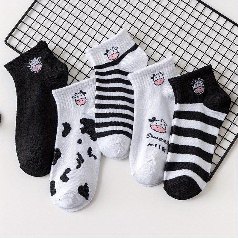 5 Pairs Cow Print Socks Comfy & Breathable Ankle Socks Women's Stockings