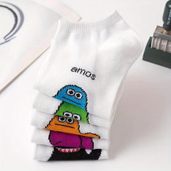 5 Pairs Cartoon Pattern Socks Womens Crew Ankle Stockings