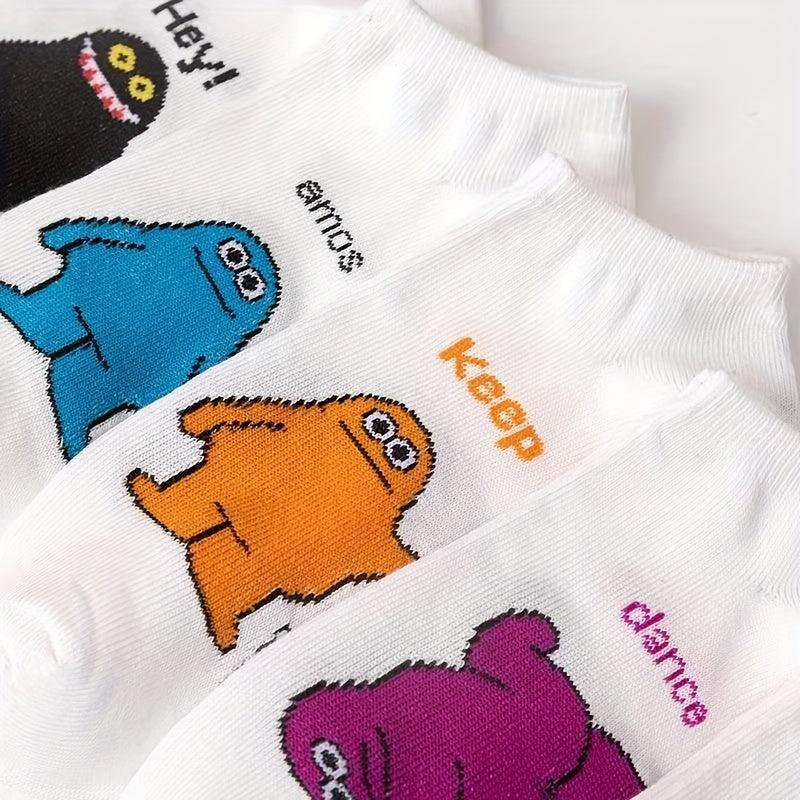 5 Pairs Cartoon Pattern Socks Womens Crew Ankle Stockings