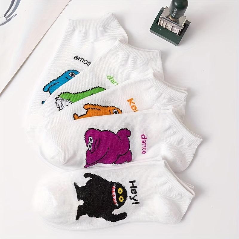 5 Pairs Cartoon Pattern Socks Womens Crew Ankle Stockings