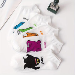 5 Pairs Cartoon Pattern Socks Womens Crew Ankle Stockings