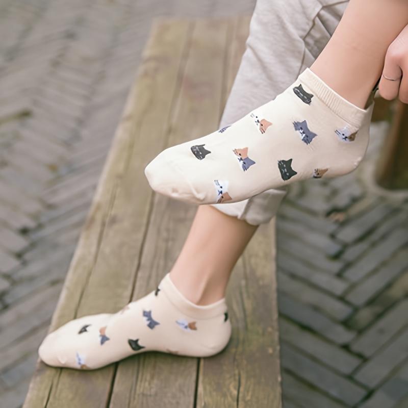 5 Pairs Cartoon Cat Pattern Crew Ankle Socks Women's Stockings