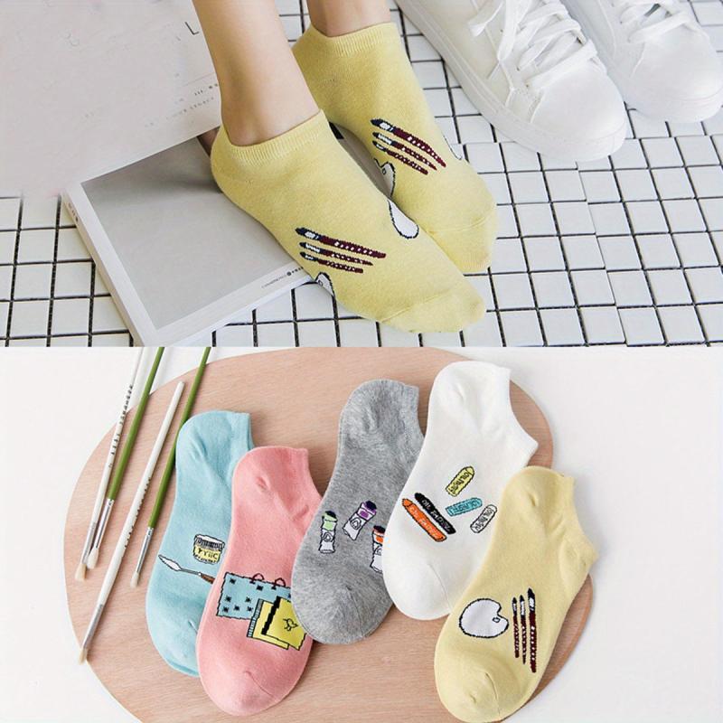 5 Pairs Cartoon Cat Pattern Crew Ankle Socks Women's Stockings
