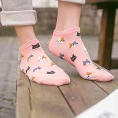 5 Pairs Cartoon Cat Pattern Crew Ankle Socks Women's Stockings
