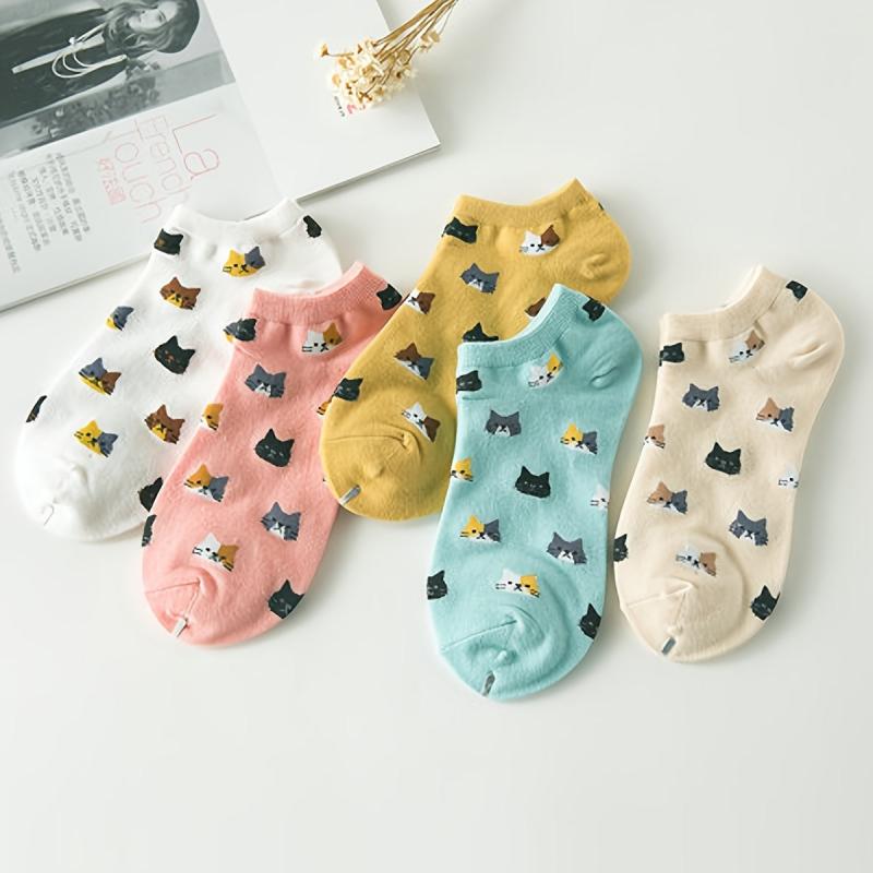 5 Pairs Cartoon Cat Pattern Crew Ankle Socks Women's Stockings