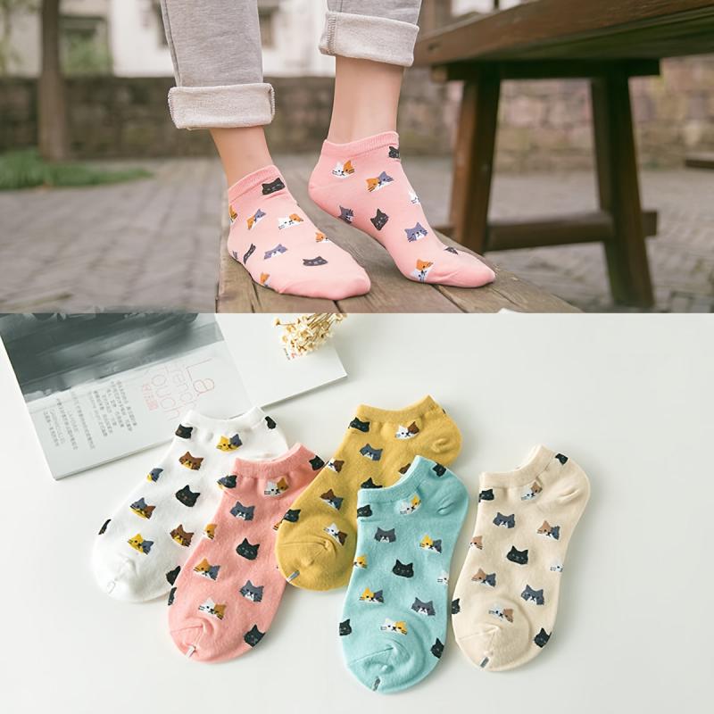 5 Pairs Cartoon Cat Pattern Crew Ankle Socks Women's Stockings