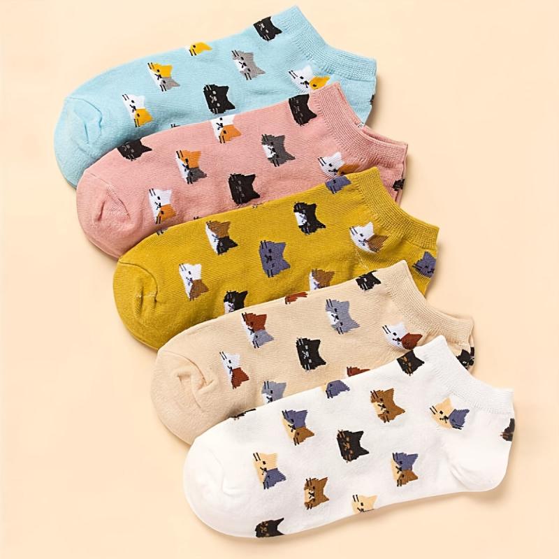 5 Pairs Cartoon Cat Pattern Crew Ankle Socks Women's Stockings