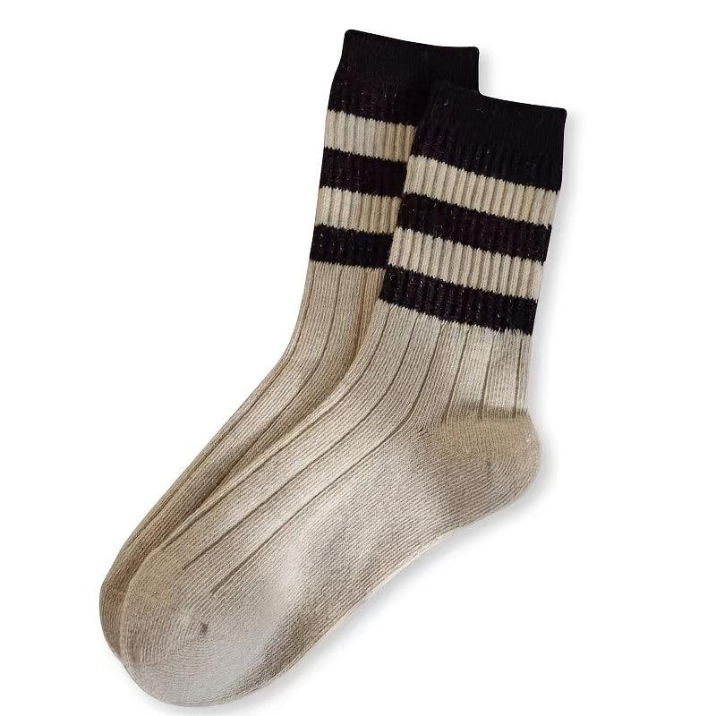 3 Pairs Striped Comfy Mid Tube Socks Warm Cotton Crew Length Stockings