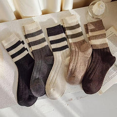 3 Pairs Striped Comfy Mid Tube Socks Warm Cotton Crew Length Stockings